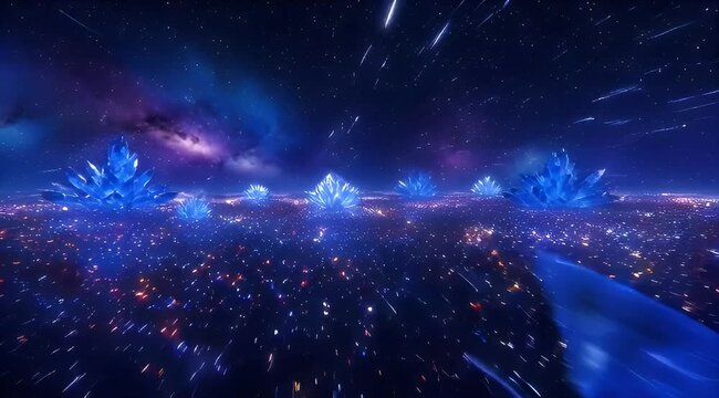 Glowing blue clusters emit light in a futuristic cityscape at night