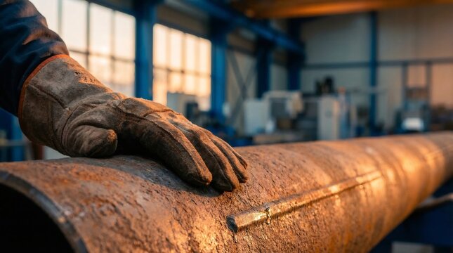 Worker wearing protective leather glove resting hand on rusty industrial pipe at construction site