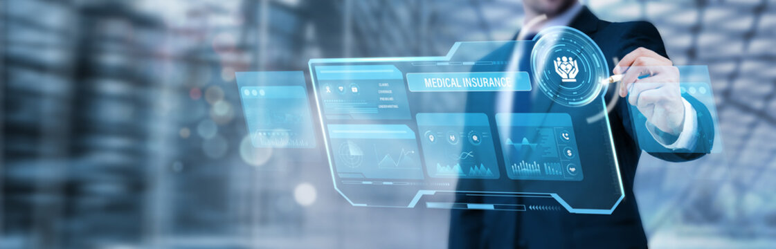 Businessman pointing at a digital screen and analyzing medical insurance policy systems, healthcare coverage analytics, insurance risk management, digital health insurance services