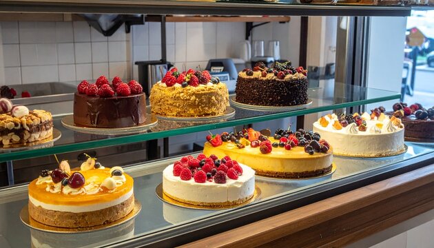 Assortment of delicious gourmet cakes and cheesecakes with fresh berries on display in a bakery case