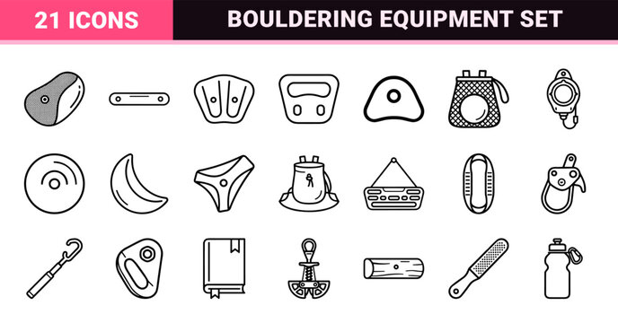 Bouldering and Indoor Climbing Equipment Monoline Icons Featuring Technical Holds Gear and Safety Tools in a Minimalist Vector Aesthetic