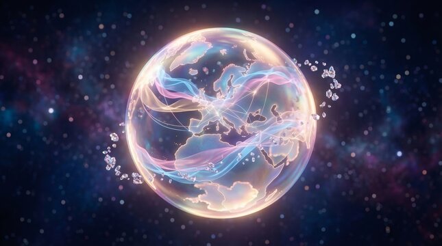 Global connection concept with glowing Earth globe inside a bubble and energy waves in space