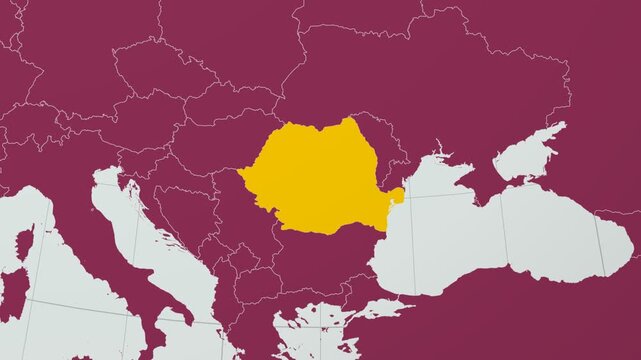 Romania map. Animated zoom into the country on the Globe in Pale Mint Dark Pink color palette. Country logo animation with round text and airplanes. Map with meridians, parallels. Trending video.