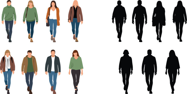 Set of walking people in flat vector and black silhouette style, architectural human scale symbols for landscape design, isolated icons.