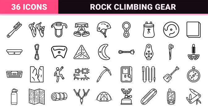 Professional Rock Climbing and Alpinism Monoline Icons featuring Sleek Outlines for Technical Sports Graphics and Mountaineering Safety Gear