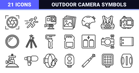 Obraz na płótnie Canvas Action Photography Equipment and Adventure Camera Accessories Monoline Symbols for Technical UI Design and Extreme Sports Media Applications