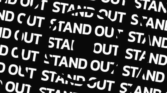 Rotating concentric text rings move in opposite directions displaying the phrase stand out repeated along circular paths around a center space.