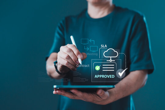 Business professional approving digital contract workflow with SLA cloud service agreement and document approval system
