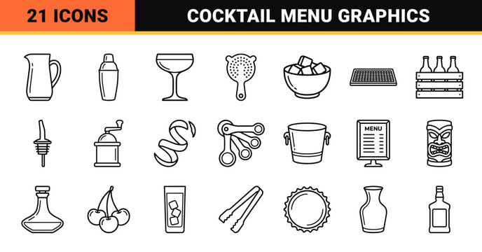 Sophisticated Mixology and Barware Monoline Art Symbols; Minimalist Technical Outline Graphic Elements for Craft Cocktail Menu Design.