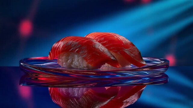 Fresh Salmon Sushi on a Glass Plate with Colorful Background