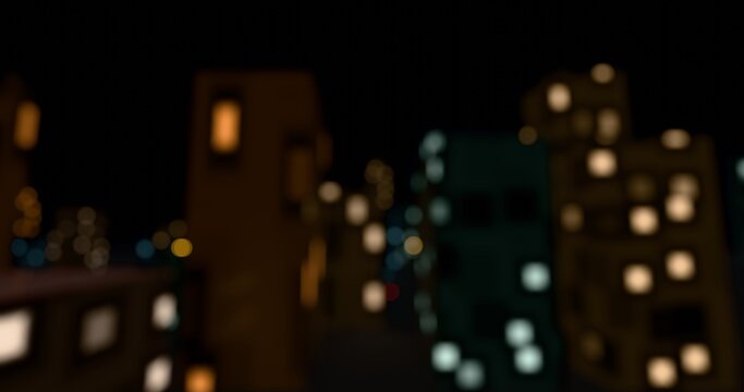 Abstract view of blurred city light from train. Defocused building lights from moving traffic on a urban night cityscape. Round colorful bokeh effect. 3D rendering.