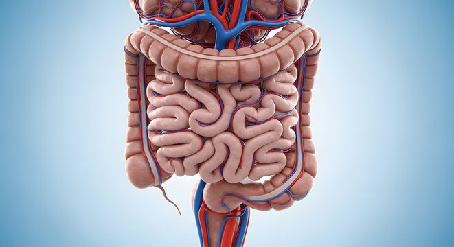 3D Realistic View of Human Colon with Full Mesenteric Arterial and Venous Network. Photorealistic 3D medical illustration of the human large intestine (colon) featuring well-defined haustra