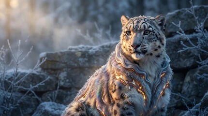 Fototapeta premium Mystical snow leopard with glowing jeweled fur in frozen winter mountain landscape
