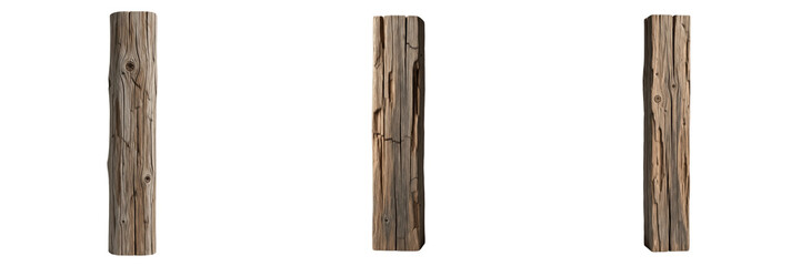 Rustic Weathered Wooden Log and Timber Pillar Collection, Natural Bark Texture Tree Trunk Set, Antique Salvaged Wood Post Asset Grouping, Aged Construction Beam Isolated White Background © QReechina