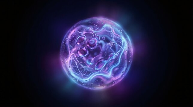 Luminous microscopic cell or energy sphere with glowing liquid interior against black background