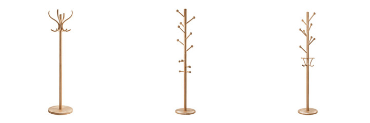 Fototapeta premium Modern Wooden Coat Rack Collection, Minimalist Natural Timber Standing Hat Hanger, Elegant Home Entryway Hall Tree Organizer Set, Classic Standing Clothes Rack Isolated White Background