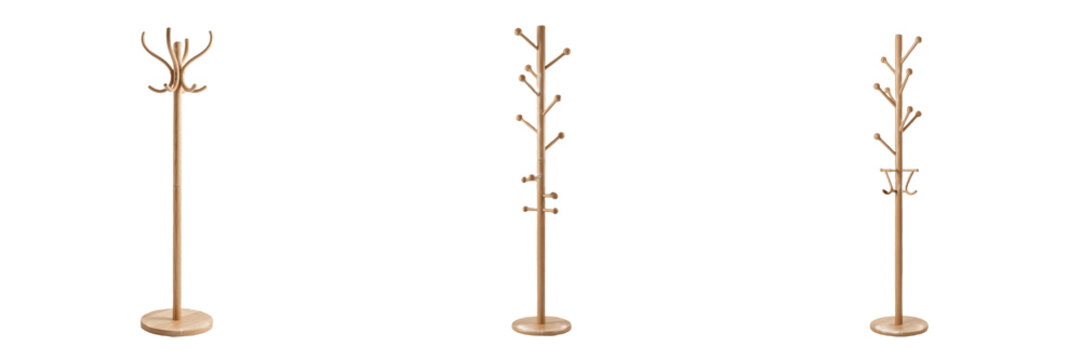 Modern Wooden Coat Rack Collection, Minimalist Natural Timber Standing Hat Hanger, Elegant Home Entryway Hall Tree Organizer Set, Classic Standing Clothes Rack Isolated White Background