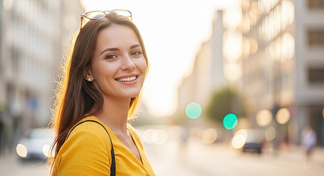 A young woman smiles brightly at the camera while standing outdoors in an urban setting. She is wearing sunglasses and a yellow top.