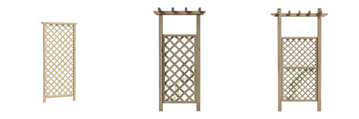 Fototapeta premium Wooden Garden Trellis and Pergola Collection, Decorative Outdoor Lattice Screen for Climbing Plants, Rustic Pine Backyard Privacy Panel Set, Timber Arched Support Isolated White Background