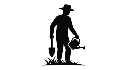 Gardener with watering can and shovel a striking black silhouette © Soleman