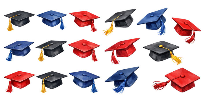 A beautiful collection of watercolor graduation caps in black, blue, and red with flowing tassels in various angles, isolated on a transparent background.