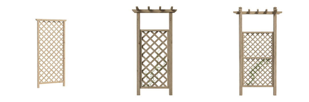 Wooden Garden Trellis and Pergola Collection, Decorative Outdoor Lattice Screen for Climbing Plants, Rustic Pine Backyard Privacy Panel Set, Timber Arched Support Isolated White Background