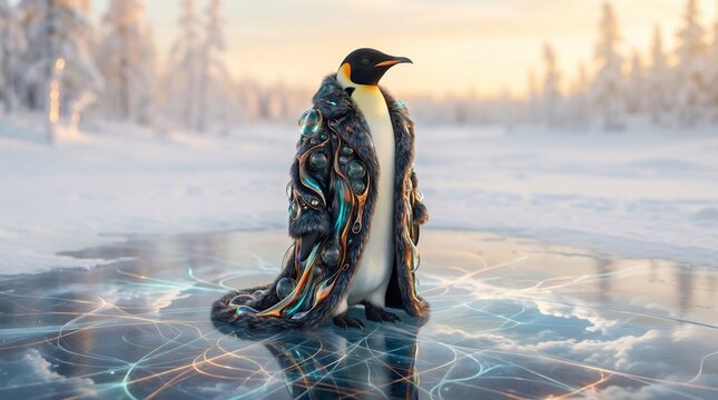 Surreal penguin wearing luxury fur coat on frozen ice at sunset for whimsical arctic concept