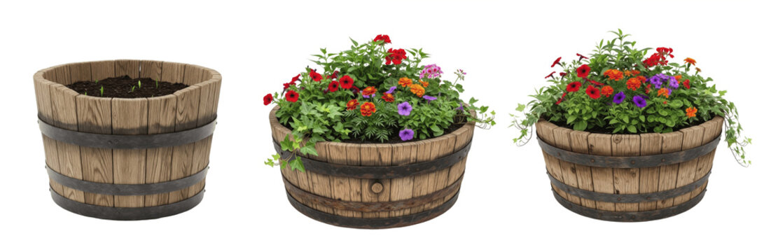 Rustic Wooden Barrel Planter Collection, Vintage Garden Whiskey Half Barrel Pot With Colorful Blooming Flowers, Outdoor Patio Decoration Set Isolated On White Background Asset Render