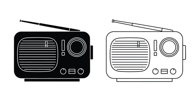 Two retro transistor radios displayed one dark and one light silhouette
