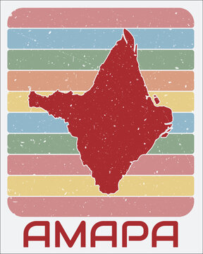 Amapa, Brazil vintage logo. Shape of the state on retro colored stripes background. Amapa, Brazil map design with grunge scratch texture. Vector illustration.