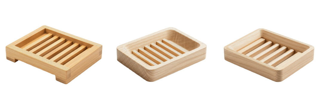 Wooden Soap Dish Set, Natural Bamboo Timber Bar Soap Holder Collection, Rustic Bathroom Spa Accessory Tray, Sustainable Wood Drainage Saver Elements Isolated on White Background 3D