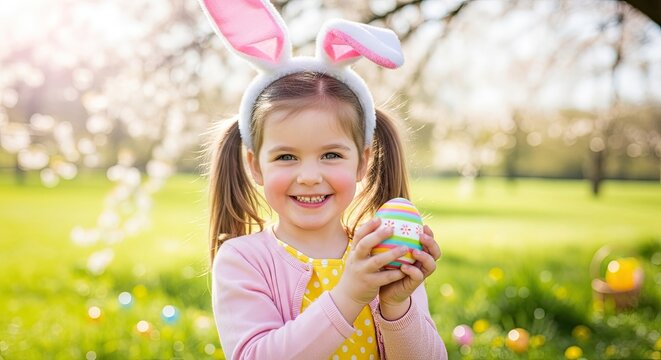 A young girl with pigtails is smiling and holding an Easter egg. She is wearing a pink sweater and has a white bunny ear headband.