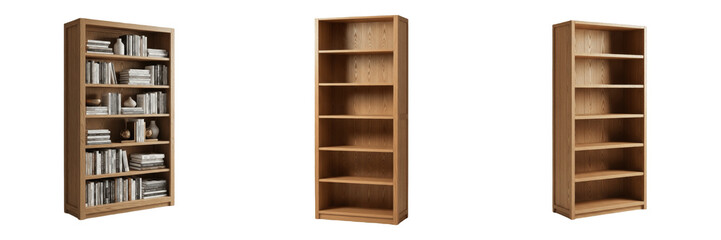Wooden Bookshelf Collection, Timber Bookcase Furniture Set, Tall Natural Wood Library Shelving Unit, Classic Home Office Storage Organizer Isolated on White Background 3D Rendering © QReechina