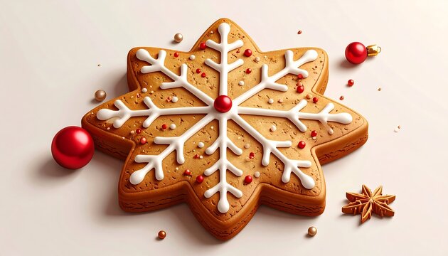 A festive star-shaped cookie, iced with a snowflake design, sits on a white surface with holiday ornaments