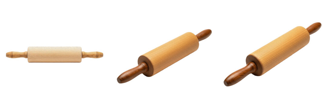 Wooden Rolling Pin Set, Classic Timber Kitchen Utensils for Baking, Natural Wood Dough Roller Collection, Traditional Culinary Bakery Tools Isolated on White Background 3D Rendering