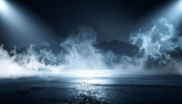 Moody atmospheric scene featuring heavy mist illuminated by spotlights. Mountains in the distance under a dusky blue sky create a surreal ambiance