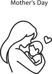 Obraz premium Simple black line art web icon of a loving mother gently embracing her baby, symbolizing maternal affection and family bond for Mother's Day.