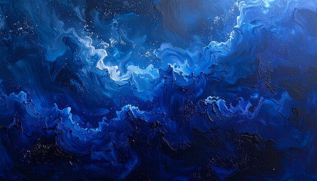 Abstract artwork with flowing blue and white patterns resembling clouds
