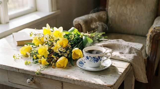 Fresh spring bouquet of yellow flowers and hot coffee cup with steam in a bright cottage interior
