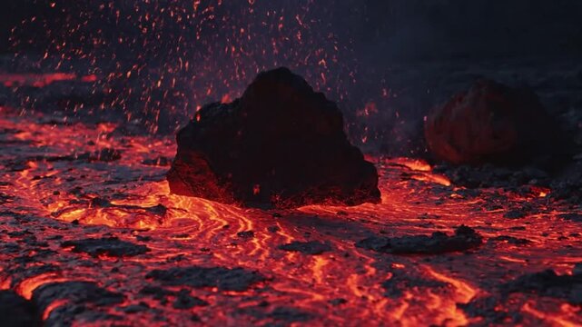 Lava flow at nighttime volcanic eruption.