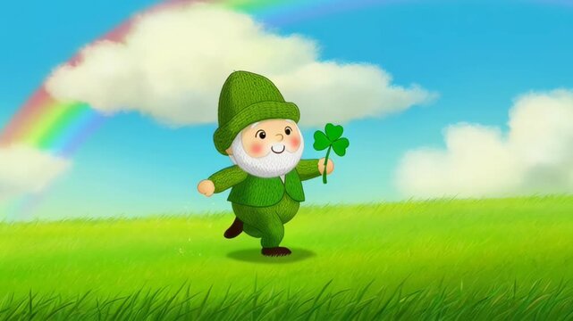 Cute Knitted Leprechaun Doll Waving Shamrock in a Magical Spring Landscape for St Patrick s Day Celebration