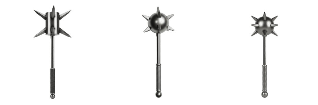 Medieval Morning Star and Mace Weapons Set, Spiked Steel Bludgeoning Tools, Realistic 3D Historical Knight Arms Collection for Gaming and Concept Art Isolated on White Background