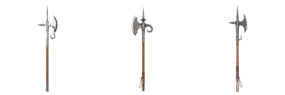 Medieval Halberd Polearms Set, Ancient Steel Battle Axes on Long Wooden Shafts, Realistic 3D Historical Infantry Weapons Collection for Gaming and Education Isolated on White Background