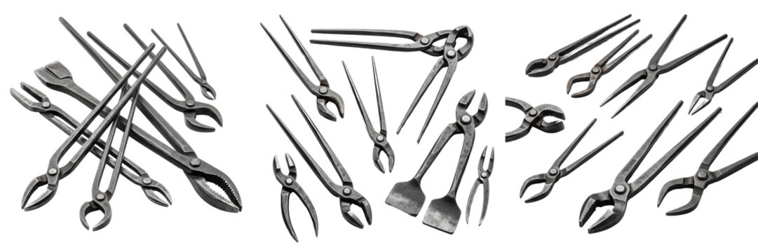 Collection of Professional Blacksmith Tongs and Forging Tools Isolated on White Background - Heavy Duty Steel Metalworking Pliers Set for Ironwork Farrier and Blade Smithing Craftsmanship