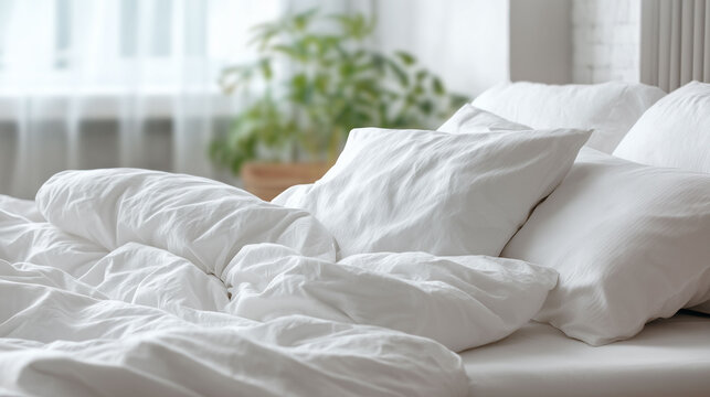 Unmade bed with white linen 