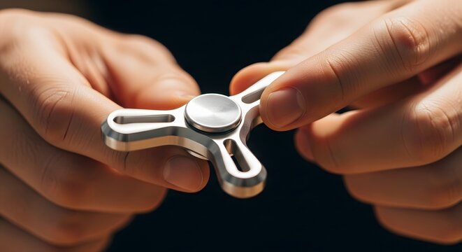 Close up of hands playing with metallic fidget spinner for stress relief