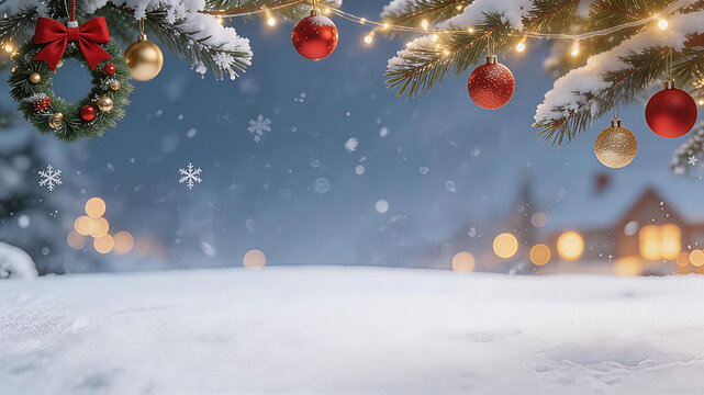 Close-Up Christmas Wreath and Baubles on Snow-Covered Fir Branches Background. Christmas Background, Christmas, Christmas Tree, Merry Christmas, Christmas Wallpaper
