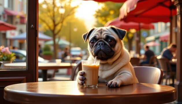 Charming pug sips coffee outdoor  pet photography cozy atmosphere eye-level view relaxation