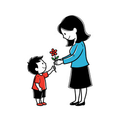 Fototapeta premium Child giving flower to mother vector illustration in playful modern cartoon style