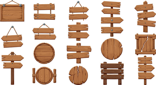 Rustic wooden signboards collection with hanging boards arrow direction signs round plaques and blank wood planks vector set